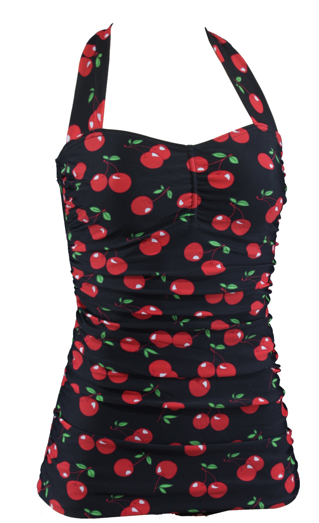 Vintage Women's One-Piece Halter Swimsuit with Ruffled Cherries Print - Perfect for Beach Vacations, Pool Parties & Summer Getaways