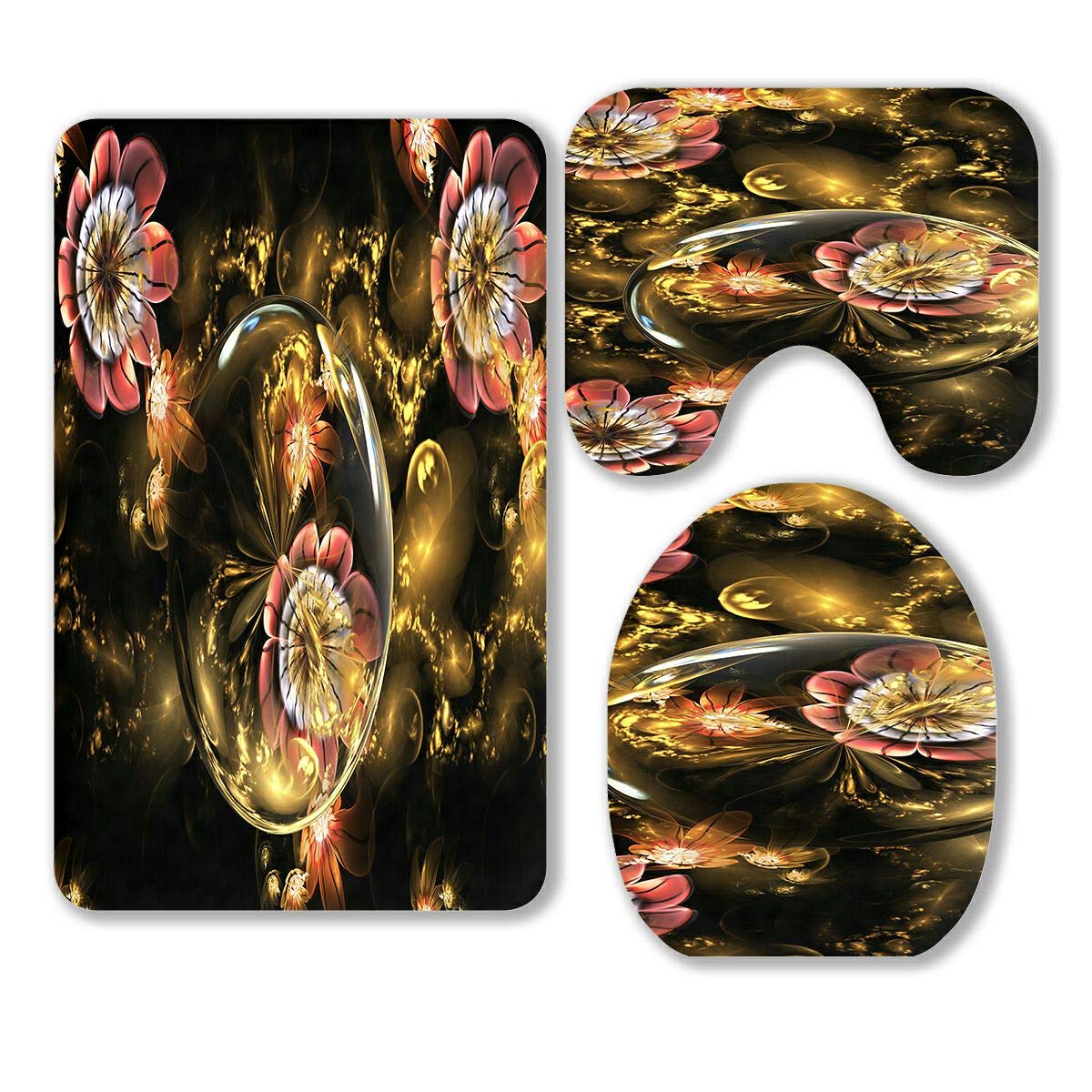 ABPHQTO Rose Gold Crystal Black Fantasy Bathroom Rug Set - 3 Piece Contour Mat & Toilet Lid Cover for Luxury Bathroom Decor | Non-Slip Shower Mats for Modern Homes