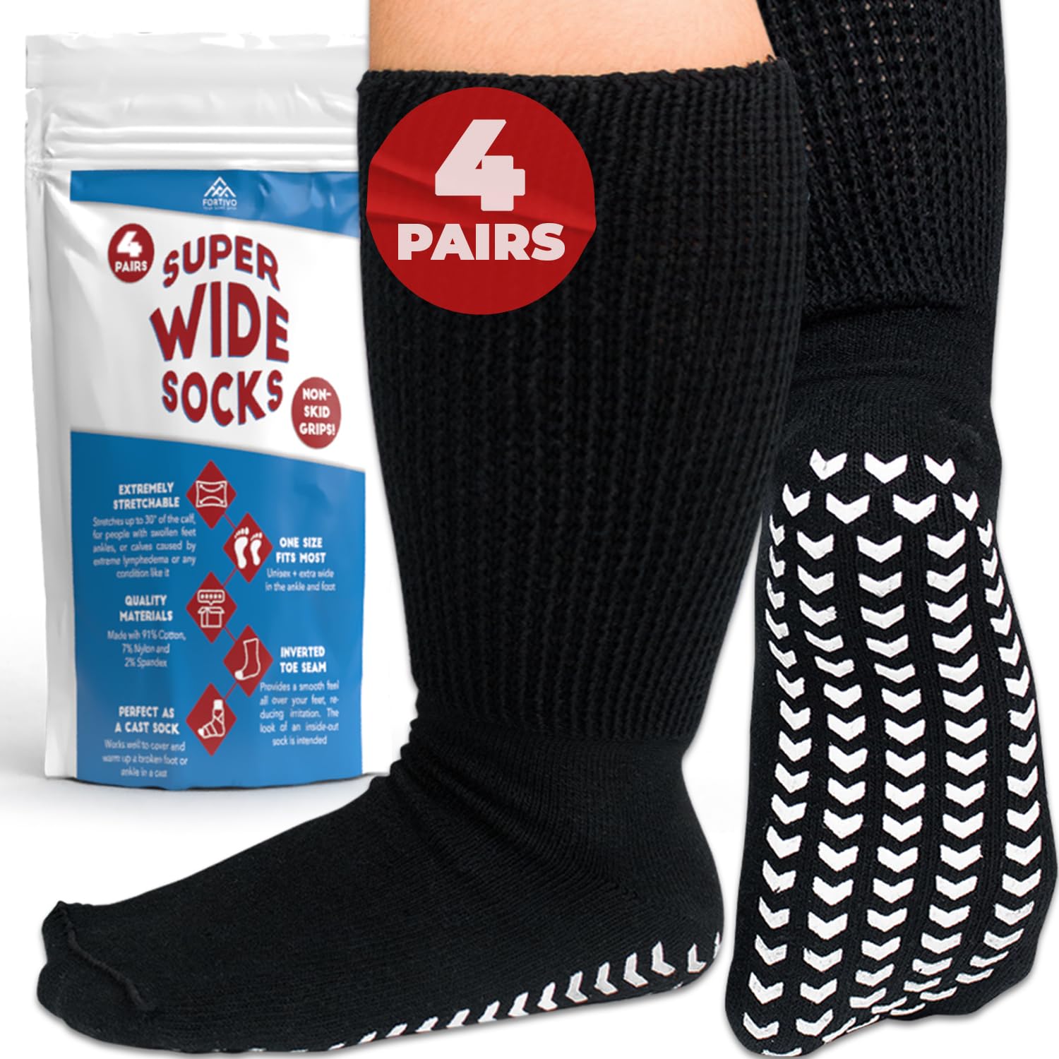 Non-Slip Grip Socks for Men & Women - Hospital Socks with Anti-Skid Soles for Elderly & Diabetic Patients (Size 9-12, Extra Wide Fit for Swollen Feet) - 4 Pairs Black - Perfect for Hospital Stay, Home Recovery and Fall Prevention