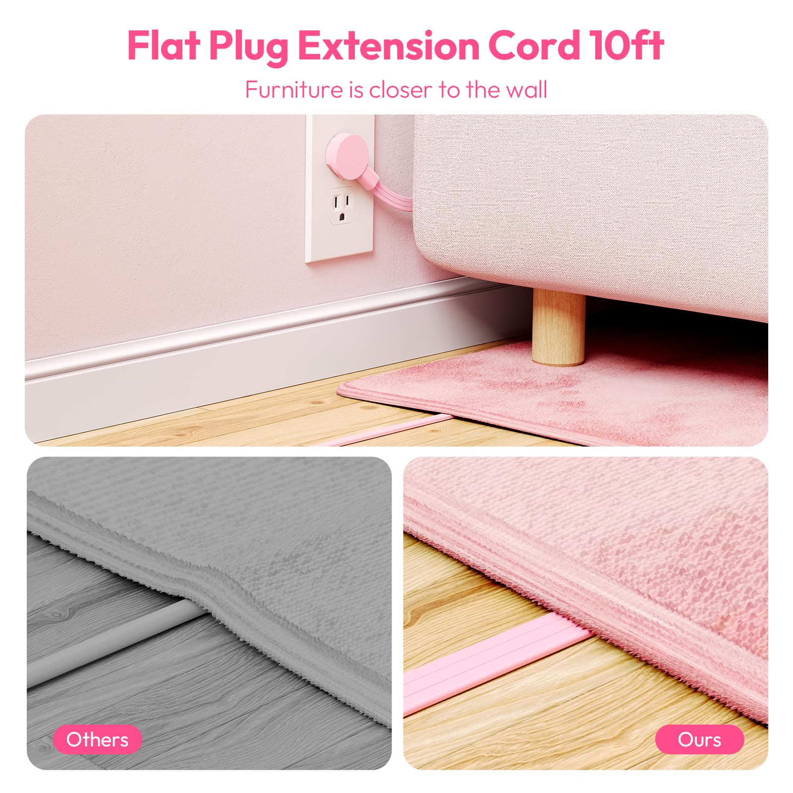 NTONPOWER 10 ft Pink Flat Plug Extension Cord with 2 USB-C & 2 USB-A Ports, Low Profile Power Strip for Under Carpet - Wall Mountable for Home, Office, Dorm Room, Vanity Desk & Nightstand | Perfect for Charging Devices, Powering Lamps & Small Appliances