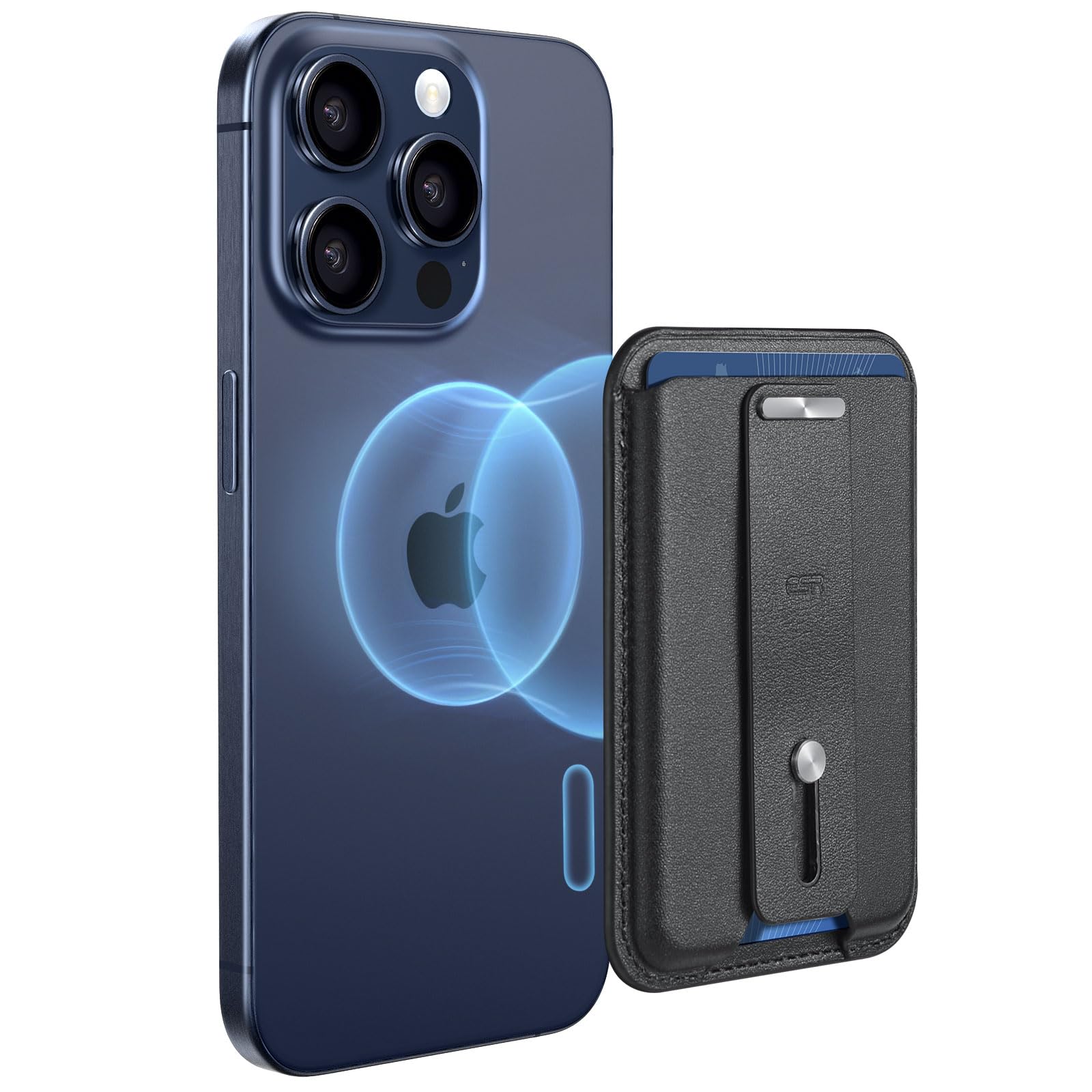 ESR Magnetic Wallet for iPhone 16/15/14/13/12 Series (Not for 13/12 Mini) - Slim 3-Card Holder with Vegan Leather & Secure-Grip Finger Loop | Compatible with MagSafe | Perfect for Everyday Carry, Travel & Contactless Payments (Black)