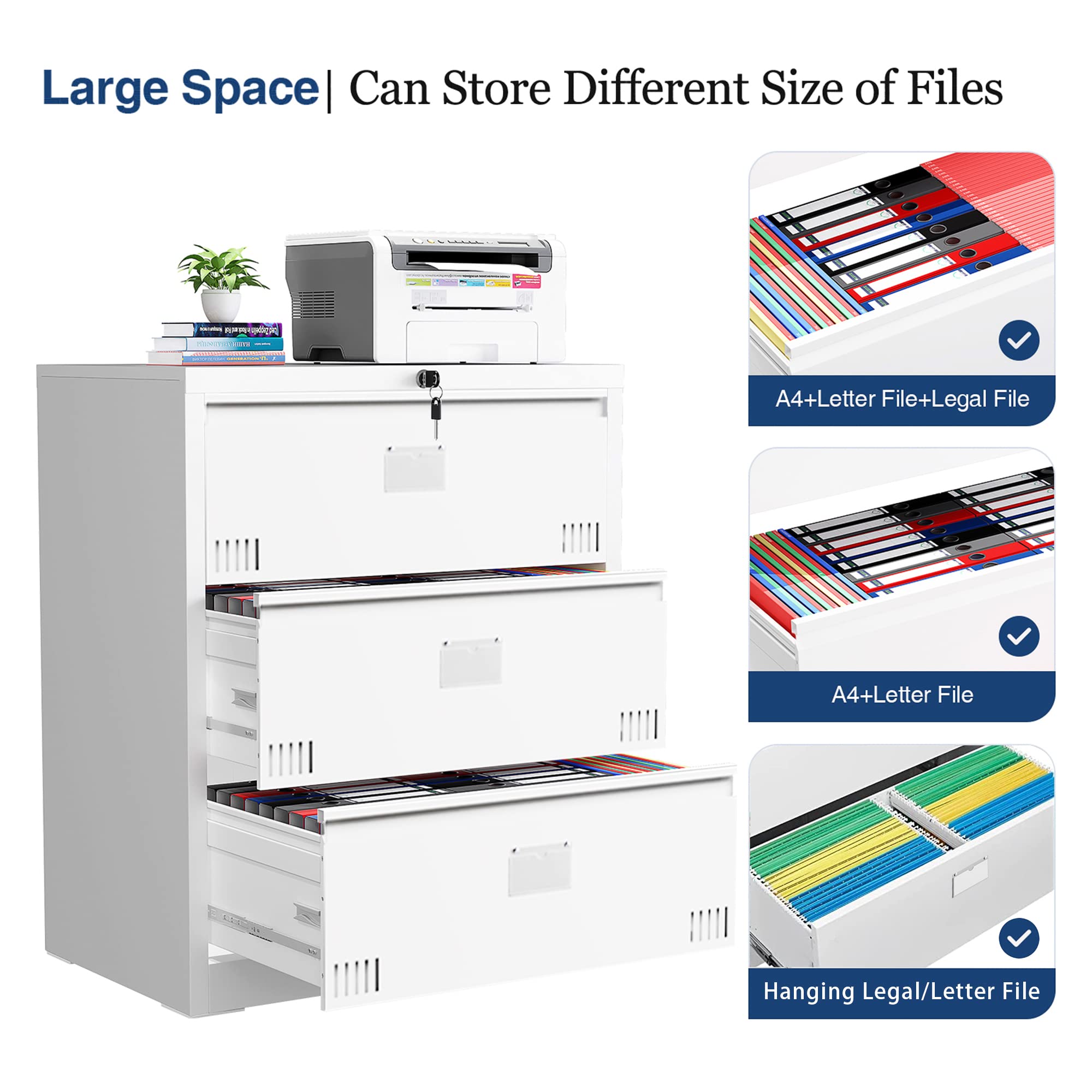 Petonline 4-Drawer Metal Lateral Filing Cabinet with Lock & Card Slot - Lockable Horizontal File Storage for Letter/Legal Documents - Perfect for Home Office Organization & Document Security