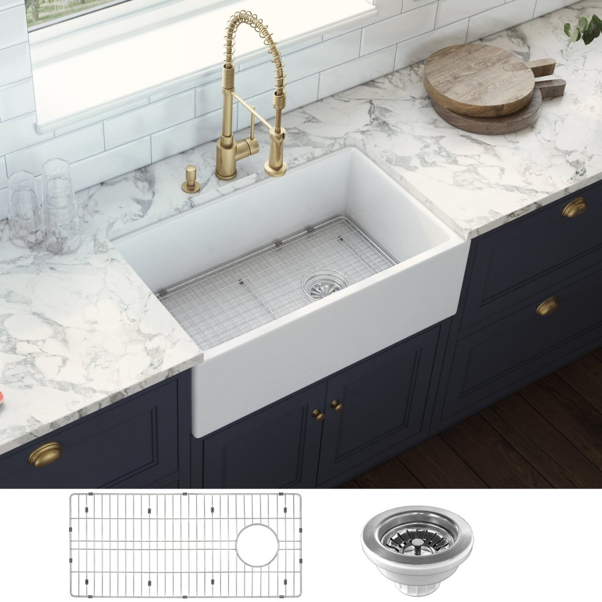 30 Inch White Fireclay Farmhouse Kitchen Sink with Offset Drain - Single Bowl Apron Front Sink for Rustic & Modern Kitchens, Perfect for Food Prep and Dishwashing