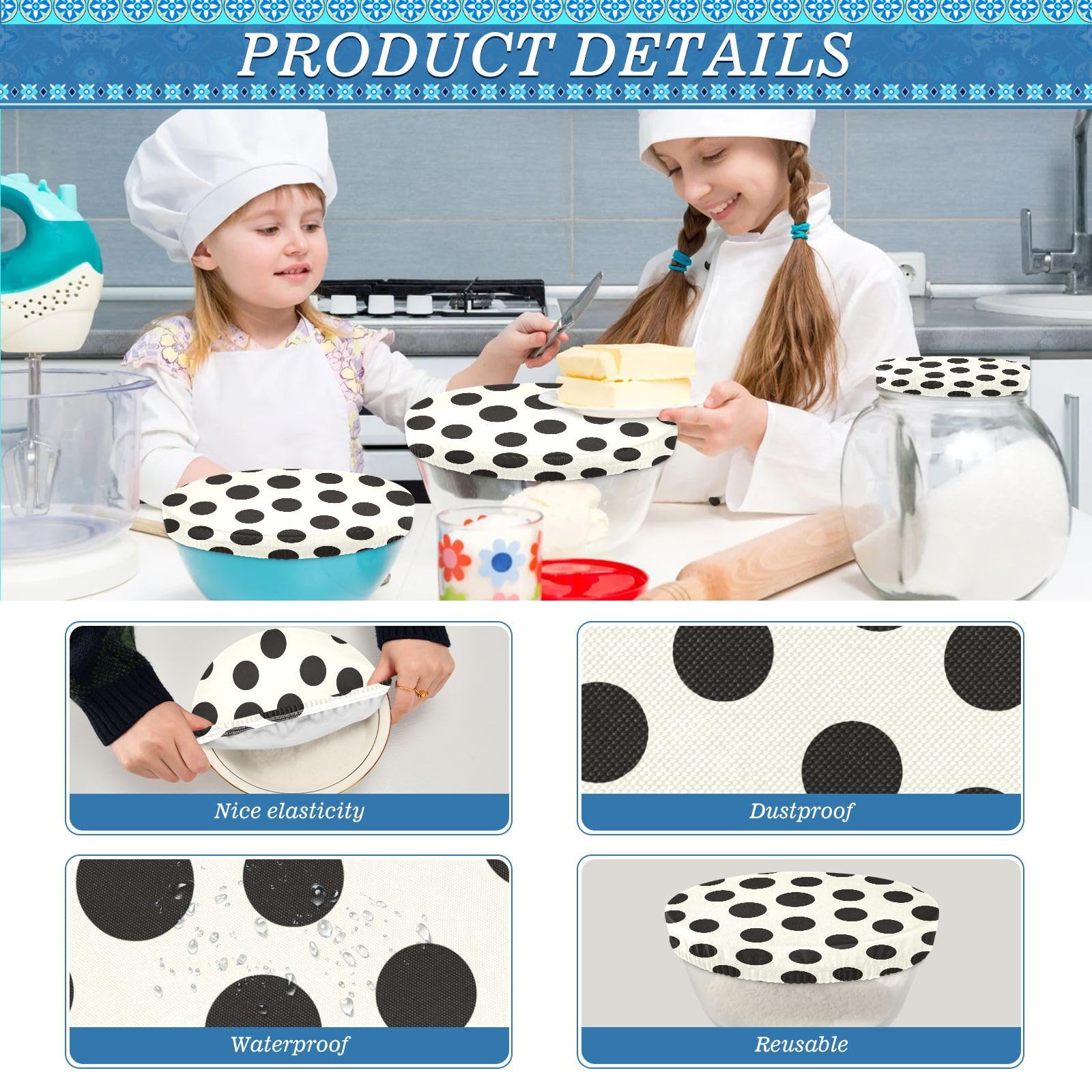 5-Pack Reusable Elastic Bowl Covers - Stretchable Fabric Food Storage Lids for Kitchen (5 Sizes, Black & White Dots) - Perfect for Fruits, Dough, Leftovers, Bread Proofing & Meal Prep