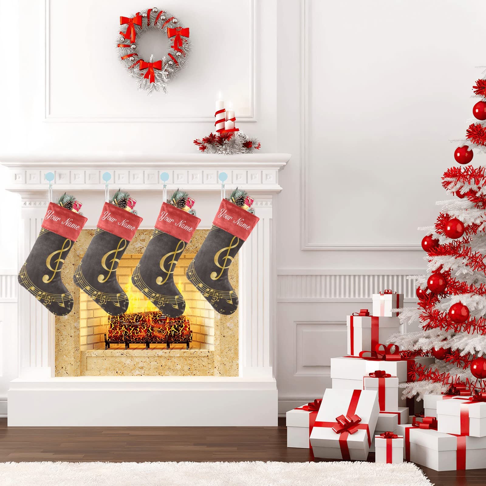 Custom Golden Music Note Christmas Stockings - Personalized Name Holiday Socks for Family Party Decor (17.52 x 7.87 Inch) - Perfect for Fireplace Mantel, Gift Exchange & Festive Home Decor