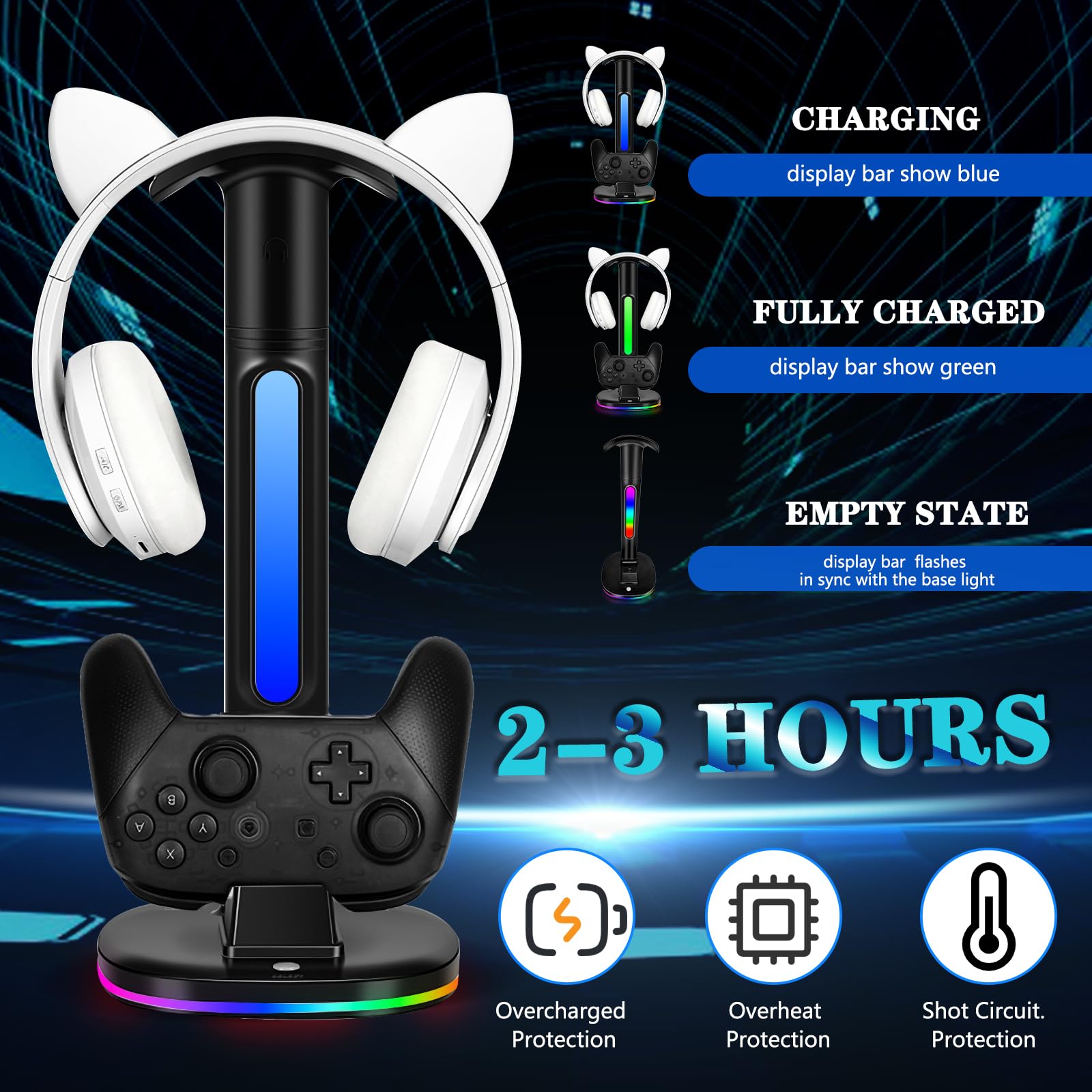 JDGPOKOO Switch Pro Controller Charger Dock with RGB Headphone Stand - Dual USB Charging Station for Nintendo Switch/OLED - Perfect for Gaming Setup & Headset Organization (Black)