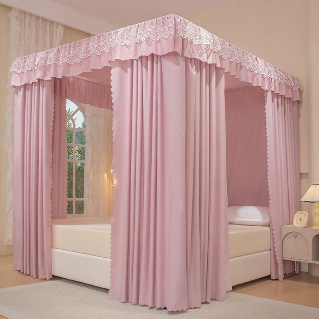 Obokidly Luxurious Elegant 4-Corner Post Windproof Bed Canopy - California King Size Pink Bed Curtain for Girls, Boys, Teens & Women's Bedroom Decor - Perfect for Romantic Bedroom Makeover, Princess-Themed Rooms & Cozy Sleep Retreats