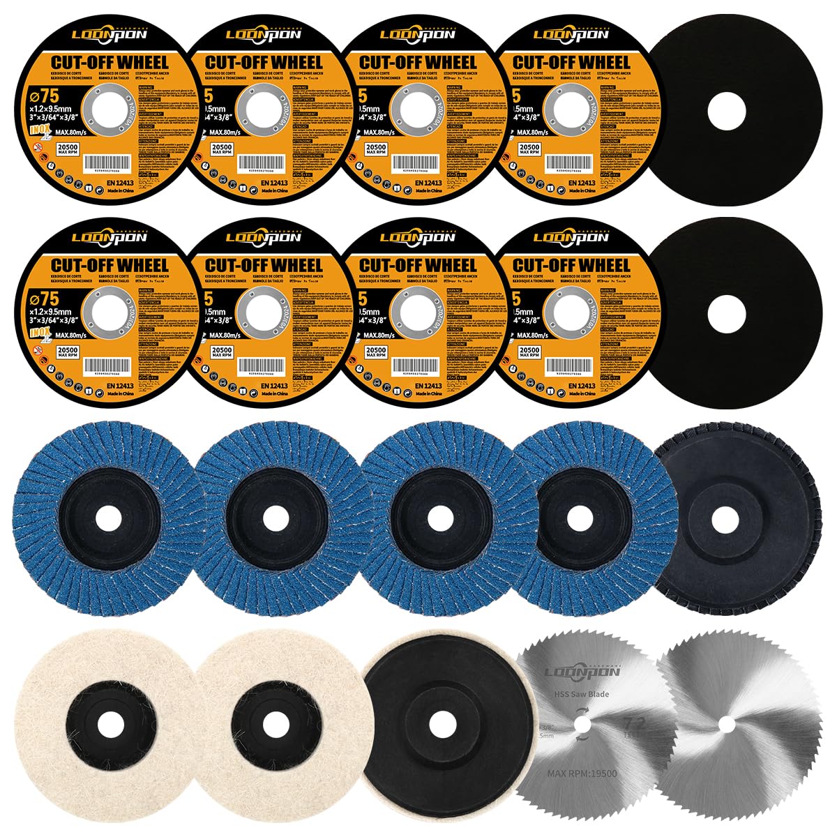 3 Inch Angle Grinder Wheel Set - 75mm Cutting, Grinding & Polishing Discs with 10mm Arbor (20 Pack) - Perfect for Wood Cutting, Tile Removal & Metal Polishing - Ideal for DIY Projects, Home Renovation & Metalworking