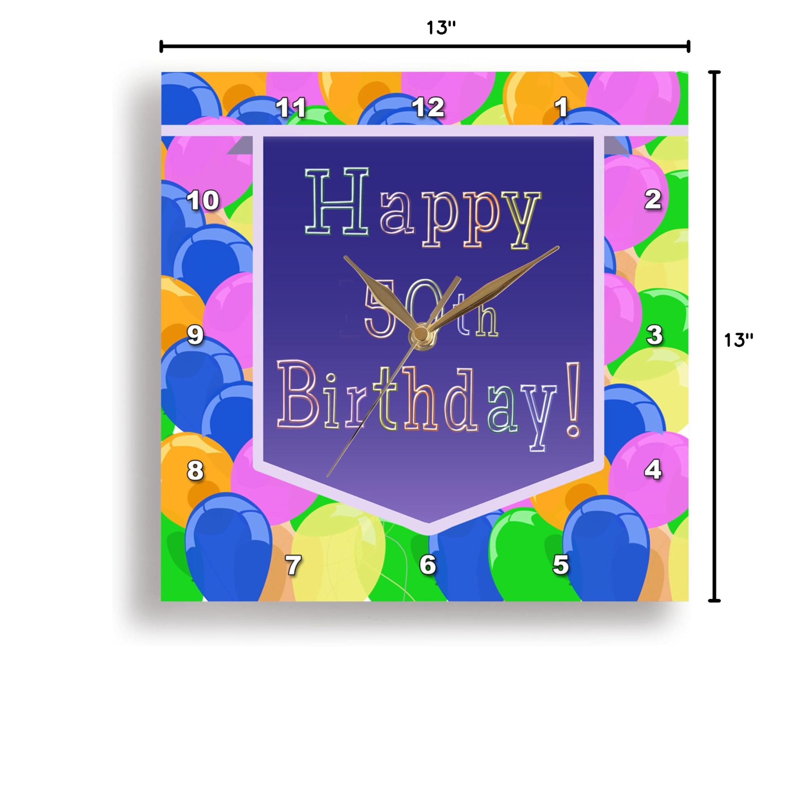 3dRose 13-Inch Silent Wall Clock - Balloons with Purple Banner Happy 50th Birthday Design - Perfect for Birthday Parties, Home Decor & Gift Giving