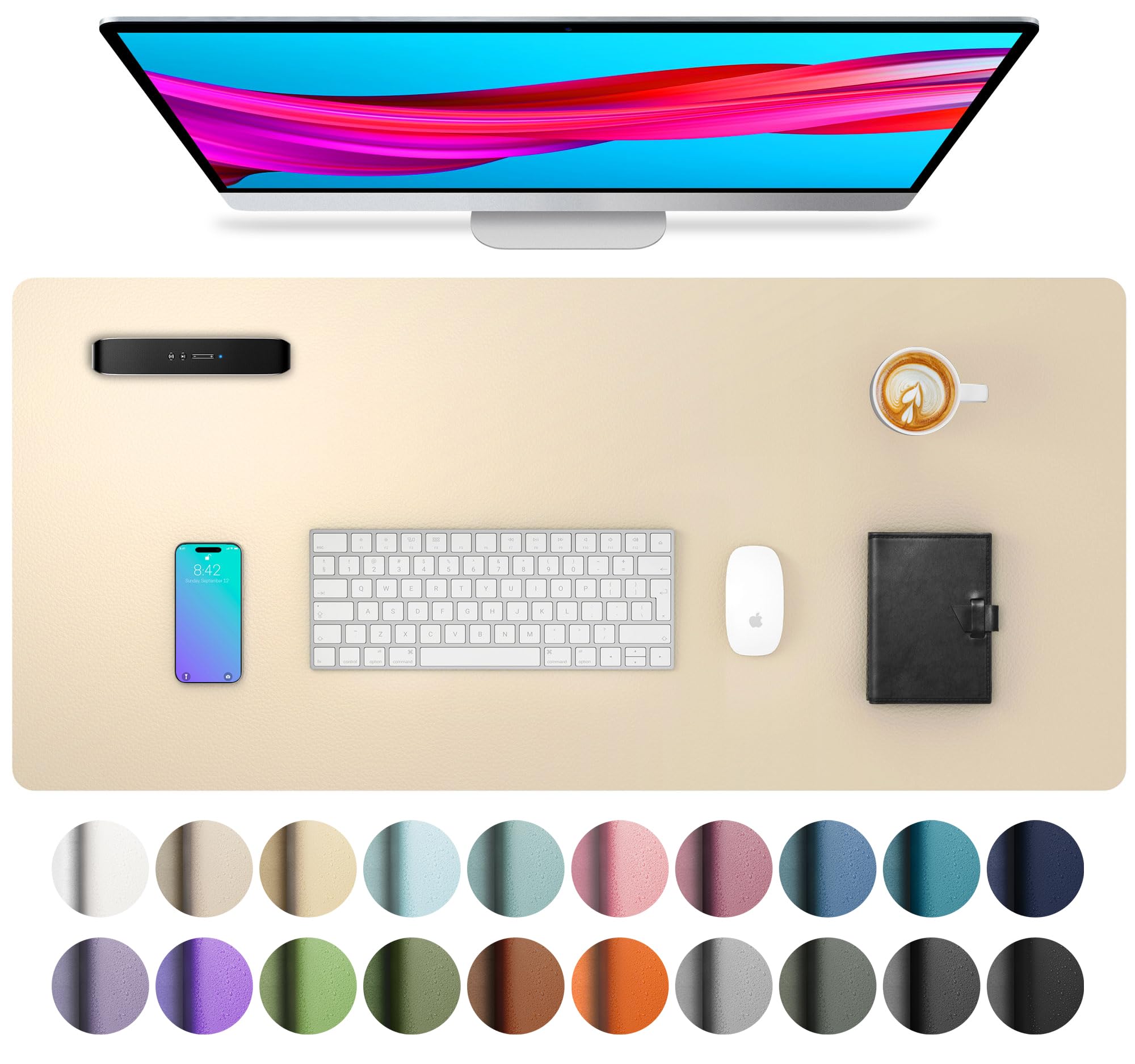 Premium Aothia Leather Desk Pad Protector - Large Non-Slip PU Leather Mouse Pad & Office Mat - Waterproof Writing Surface for Laptop, Computer, Home & Office Workspace (Beige, 23.6