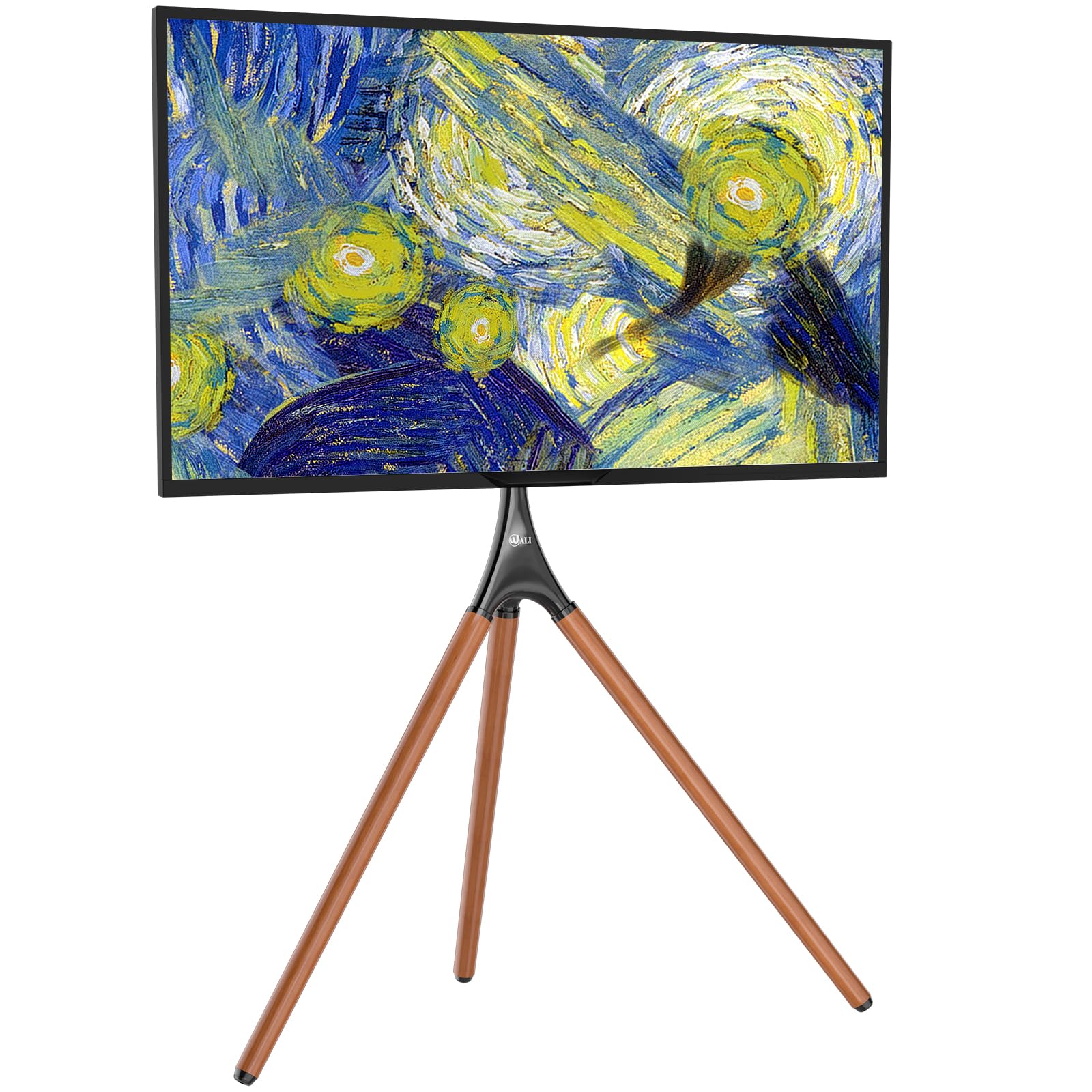 WALI Tripod TV Stand for 45-65 Inch TVs - Adjustable Height Modern Easel Floor Stand with Beech Wood Legs - Portable Corner TV Mount for Living Room, Bedroom, Office & Studio (Black, TFS001XL) - Perfect for Home Entertainment & Professional Spaces