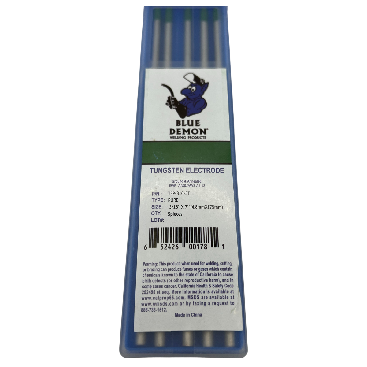 Blue Demon EWP 3/16 Pure Tungsten Electrodes - 5-Pack (TEP 316 5T) for TIG Welding, Arc Welding & Metal Fabrication | High-Performance Tungsten Electrodes for Stainless Steel, Aluminum & Alloy Welding