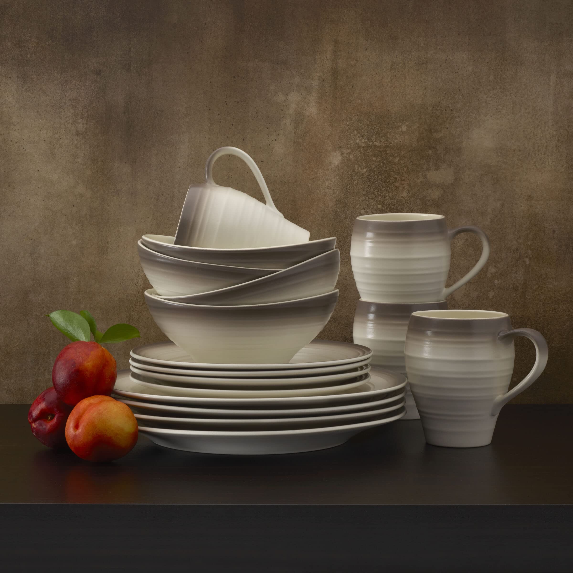 Mikasa Swirl 16-Piece Dinnerware Set, Service for 4, Ombre Mocha - Elegant Stoneware Plates, Bowls & Mugs for Everyday Dining, Entertaining & Special Occasions