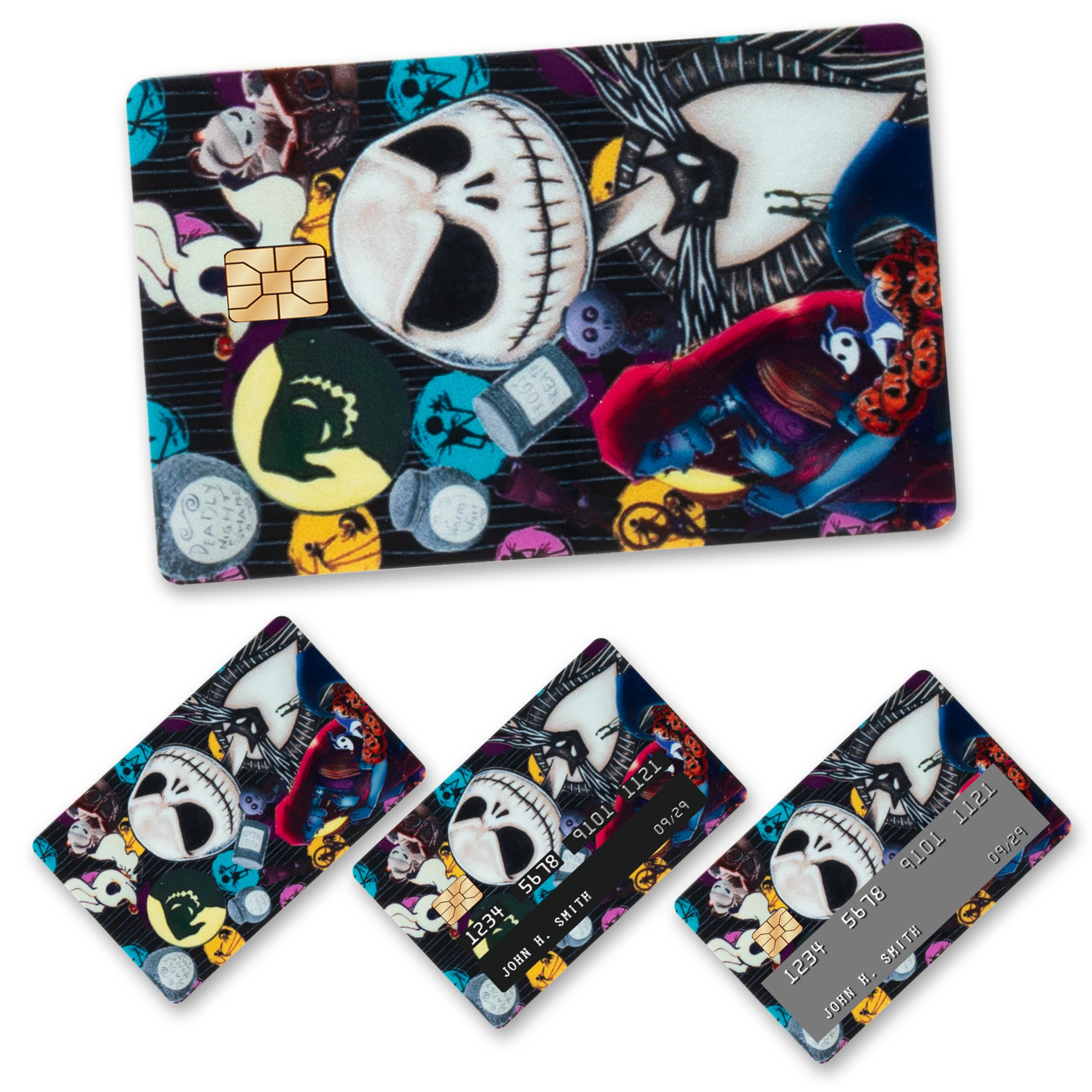Halloween Jack and Sally Credit Card Skins - 4Pcs Removable Cartoon Skull Card Stickers for Debit/Bank Cards | Skeleton Themed Protective Skins for Halloween & Christmas Gifts | Perfect for Credit Card Protection, Themed Parties & Spooky Gift Giving