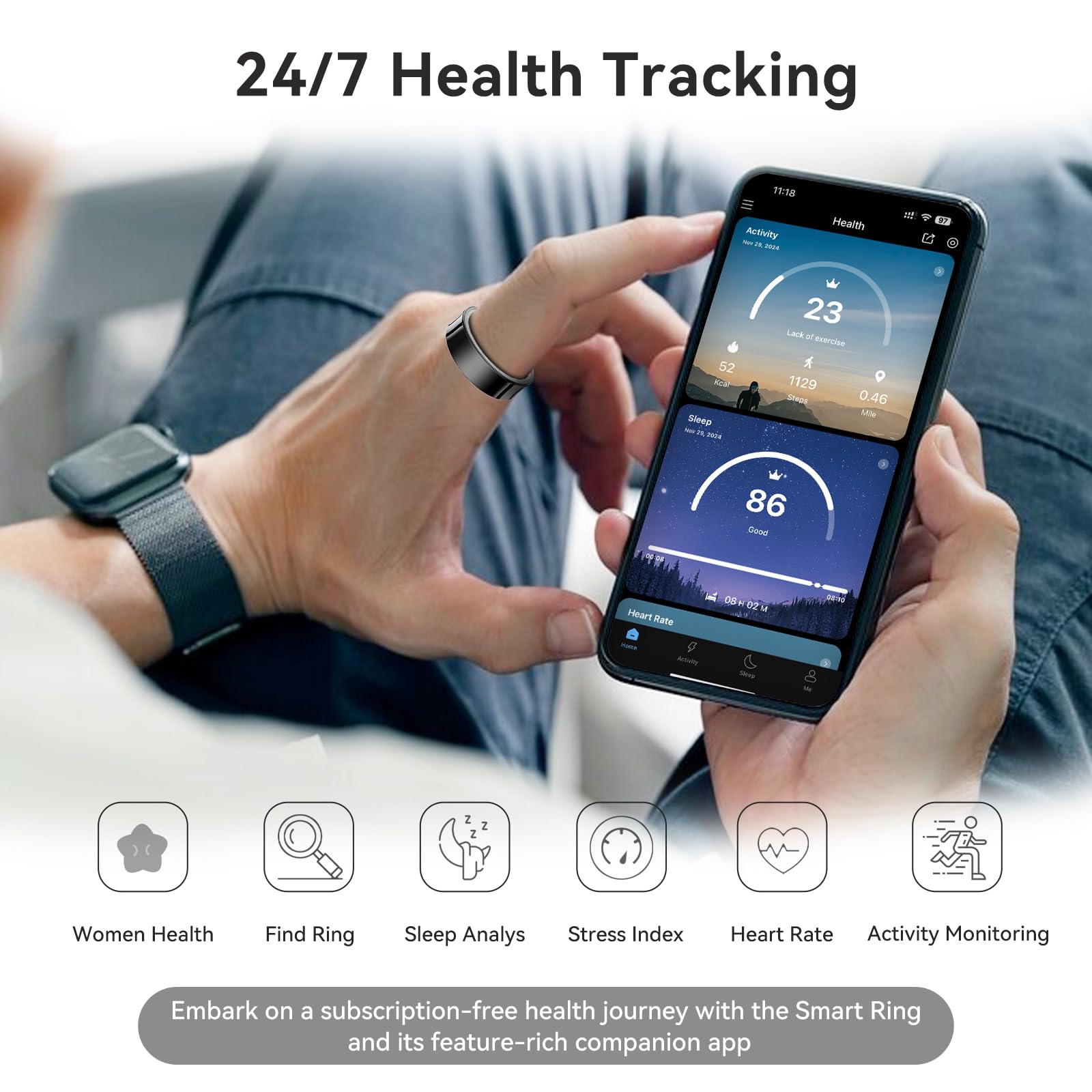 Smart Ring Health Tracker - No Subscription, Long Battery Life, Sleep & Fitness Monitor, Heart Rate & Activity Tracking, Compatible with iOS & Android (Gold, Size 12) | Perfect for Fitness Enthusiasts & Sleep Monitoring