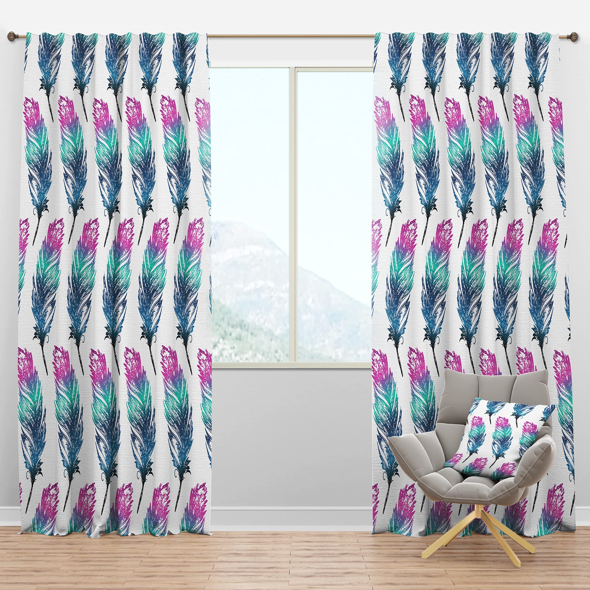 DesignQ Blackout Curtains - Hand Drawn Feathers Pattern Thermal Insulated Room Darkening Drapes for Bedroom & Living Room (52x120 Inches, Single Panel) - Perfect for Home Decor, Light Blocking & Energy Saving