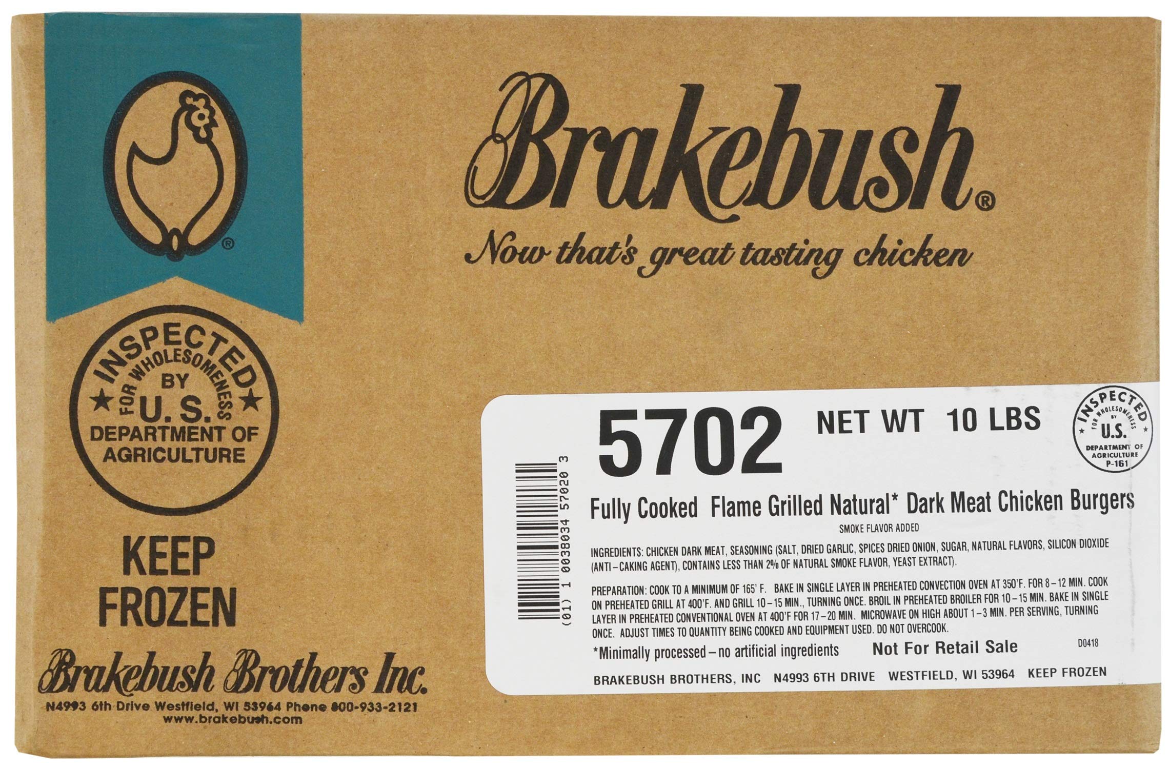 Brakebush Natural Fully Cooked Flame Grilled Dark Meat Chicken Burgers - 10 Pound (1 Each) | High Protein Meal Prep & Quick Family Dinners
