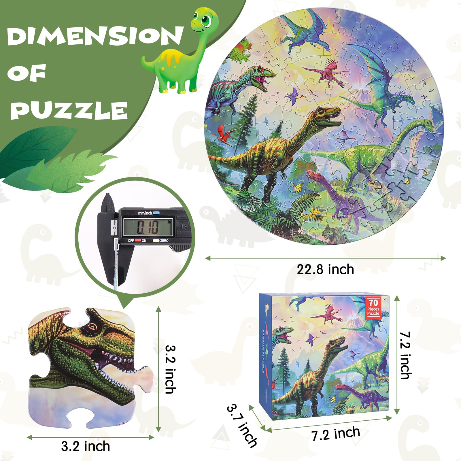 Dinosaur Floor Puzzles for Kids Ages 3-8 | 70 Piece Jumbo Round Jigsaw Puzzle | Preschool Learning & Educational Toys Gift for Boys & Girls | Perfect for Playtime, Classroom Activities & Birthday Gifts