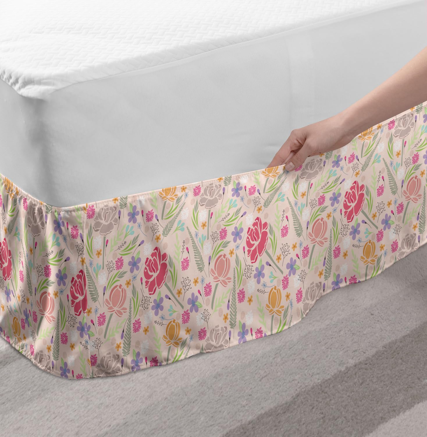 Ambesonne Queen Size Bed Skirt - Floral Botanical Design with Wildflowers & Peonies, Elastic Wrap Around Dust Ruffle for Bedroom Decor | Perfect for Spring Refresh, Guest Room Makeover & Romantic Bedroom Styling