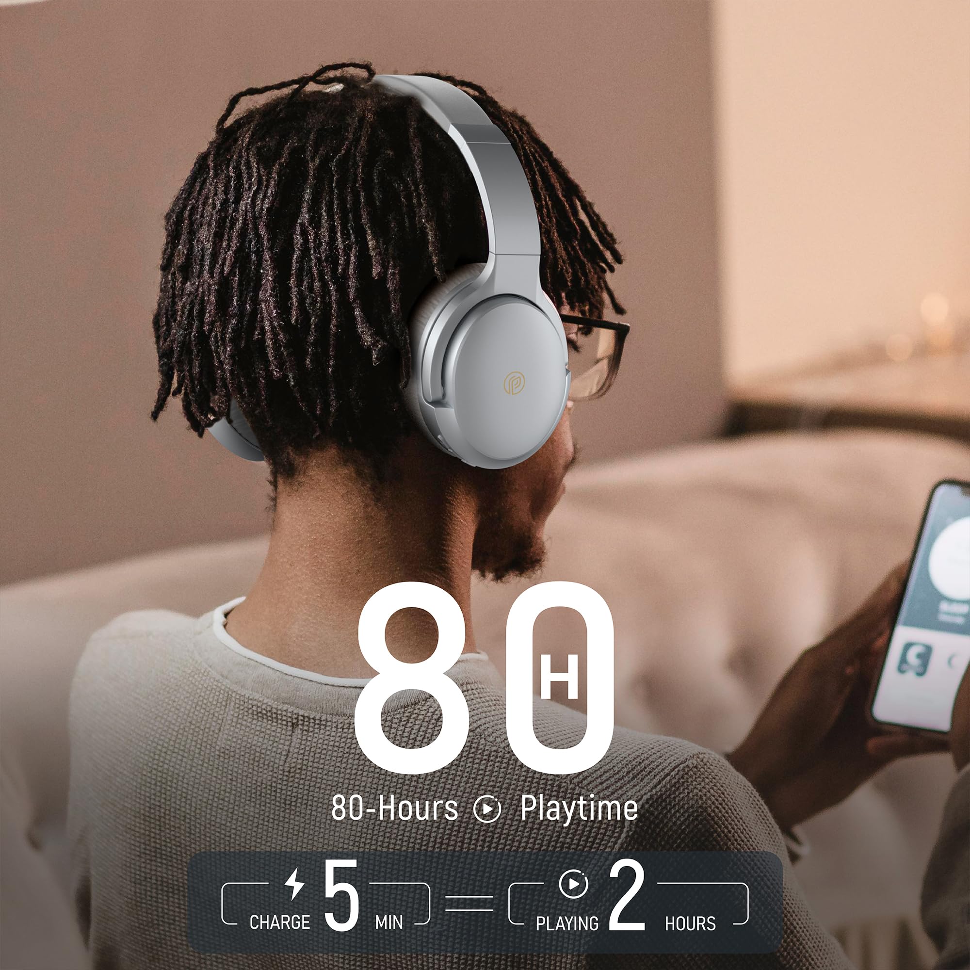 Rebocico Wireless Bluetooth Headphones with Active Noise Cancelling, 80H Playtime, Built-in Mic & Deep Bass - Over Ear Headphones for Home Office, Travel, Commuting, Gaming (Silver)