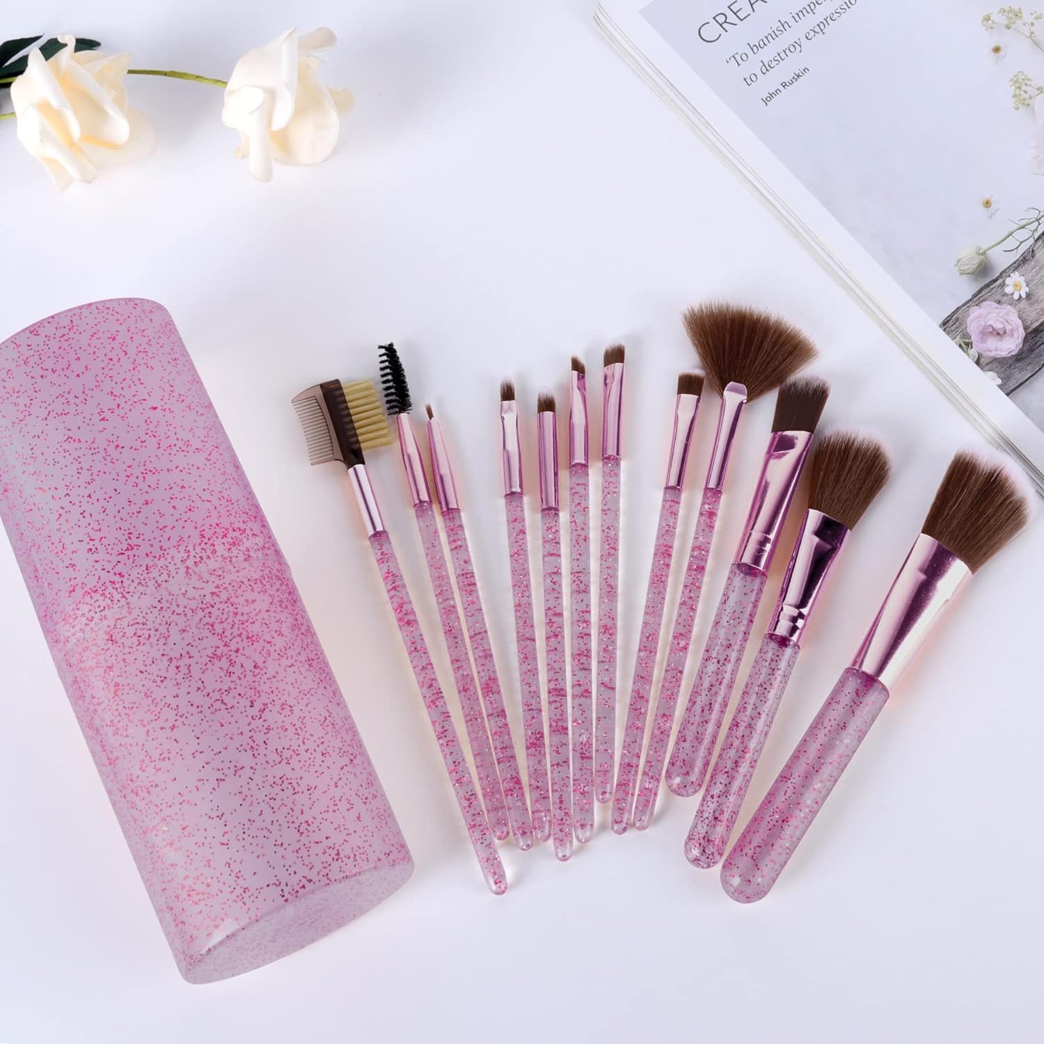 Glamzone 12-Piece Professional Travel Makeup Brush Set with Portable Case - Foundation, Blush, Powder, Eyeshadow, Eyebrow & Lip Brushes - Perfect Gift Kit (Glitter Pink) | Ideal for On-the-Go Makeup, Travel Essentials & Professional Makeup Artists