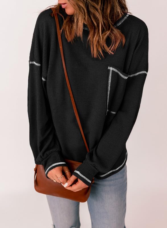 SHEWIN Women's Long Sleeve Waffle Knit Crewneck Sweater Blouse - Fall Casual & Dressy Tunic Top for Work, Date Night and Autumn Outfits