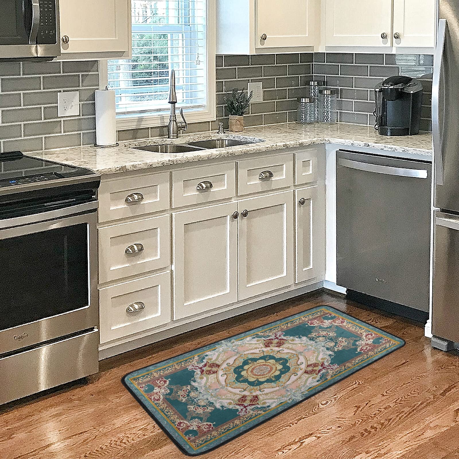 Non-Slip Washable Retro Teal Blue Kitchen Rugs and Mats - Absorbent Cushioned Floor Mat for Sink Area - 39