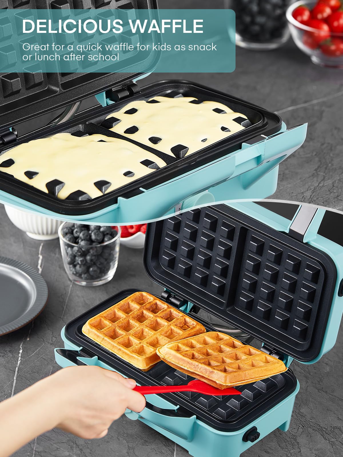 FOHERE 3-in-1 Waffle Maker & Sandwich Press, 1200W Panini Grill with Removable Non-Stick Plates, 5-Level Temperature Control, Easy to Clean with Indicator Lights (Blue) - Perfect for Breakfast, Brunch, and Quick Snacks at Home or Office