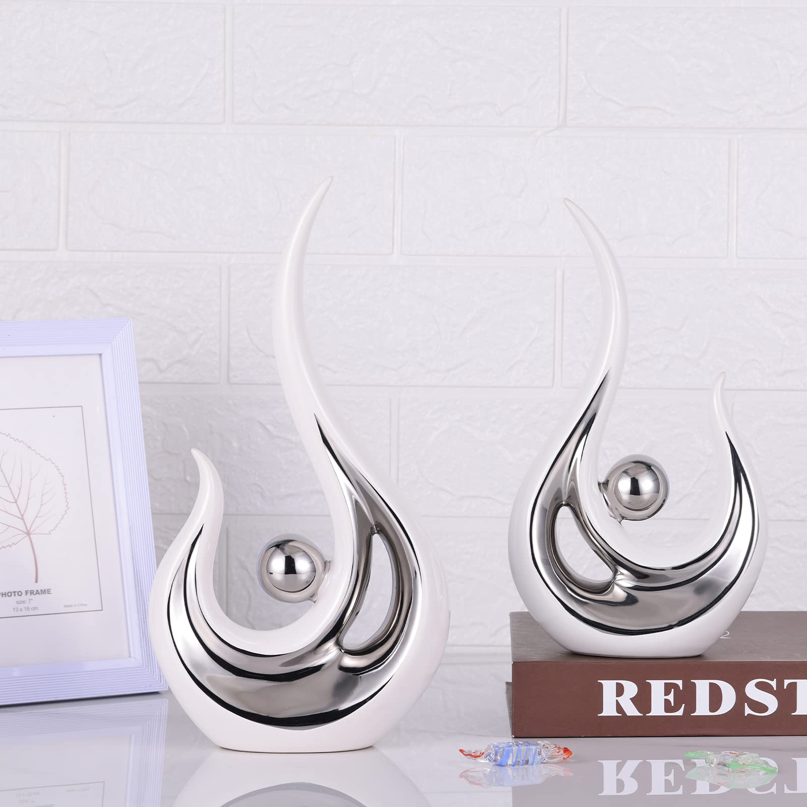 Modern Abstract Art Home Decor Accent - Contemporary Ceramic Sculpture & Silver Knick Knack for Coffee Table, TV Stand, Dining Room Centerpiece - Perfect for Living Room, Office & Modern Interior Design