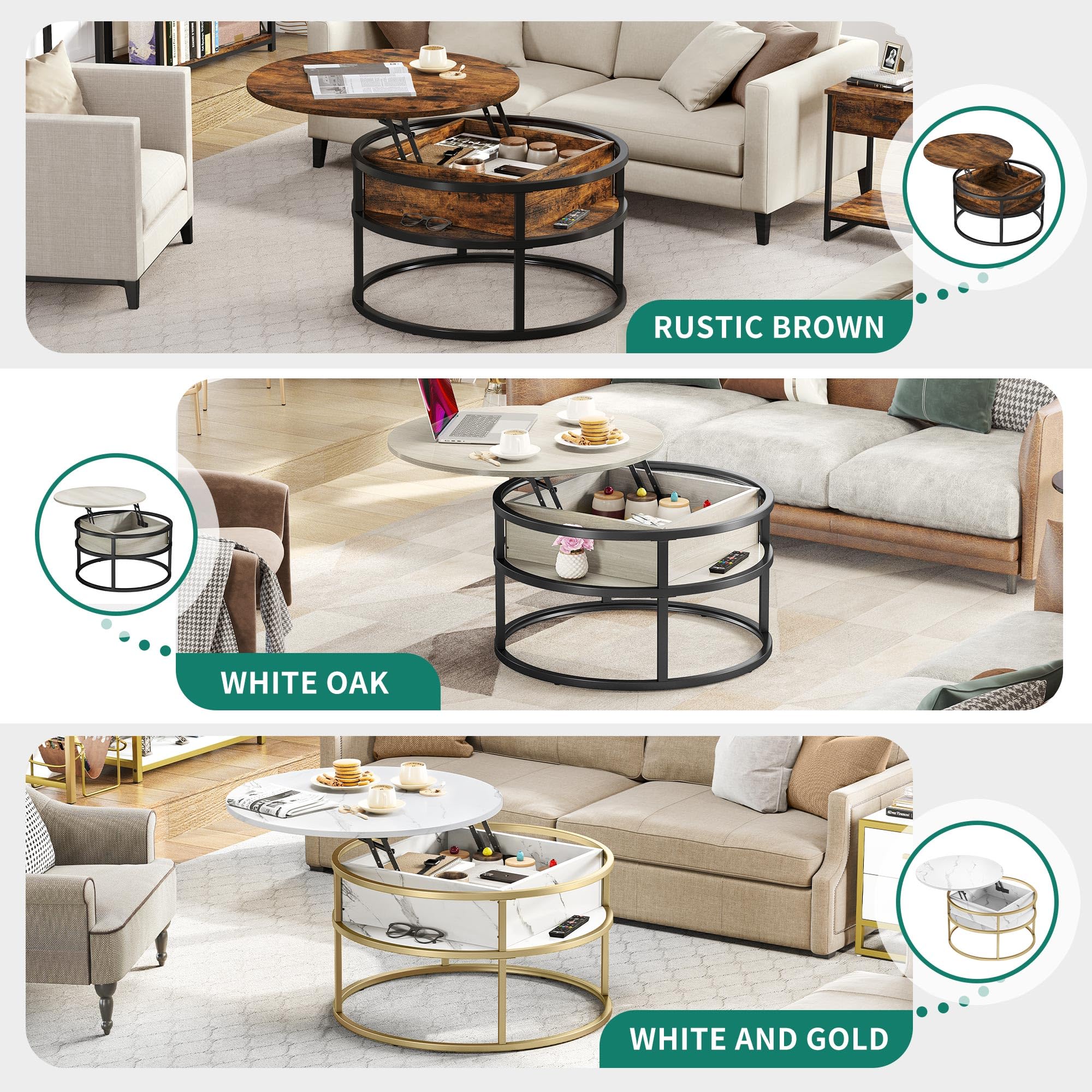 YITAHOME Round Lift Top Coffee Table with Hidden Storage Compartment - Modern Wood Center Table for Living Room, Home Office - Rustic Brown | Perfect for Small Spaces, TV Lounging & Entertaining Guests