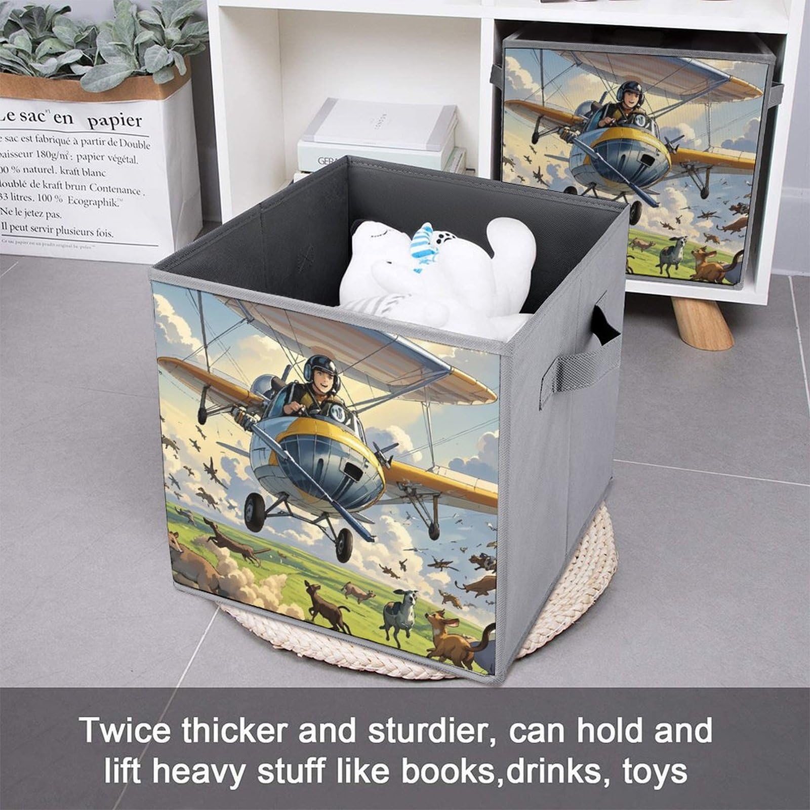 1PCS Foldable Storage Bins with Handles - Large Capacity Printed Storage Boxes (Planes Fly Animals Run Design) for Playroom, Office & Home Organization - Perfect for Kids' Toys, Books & Clutter Control