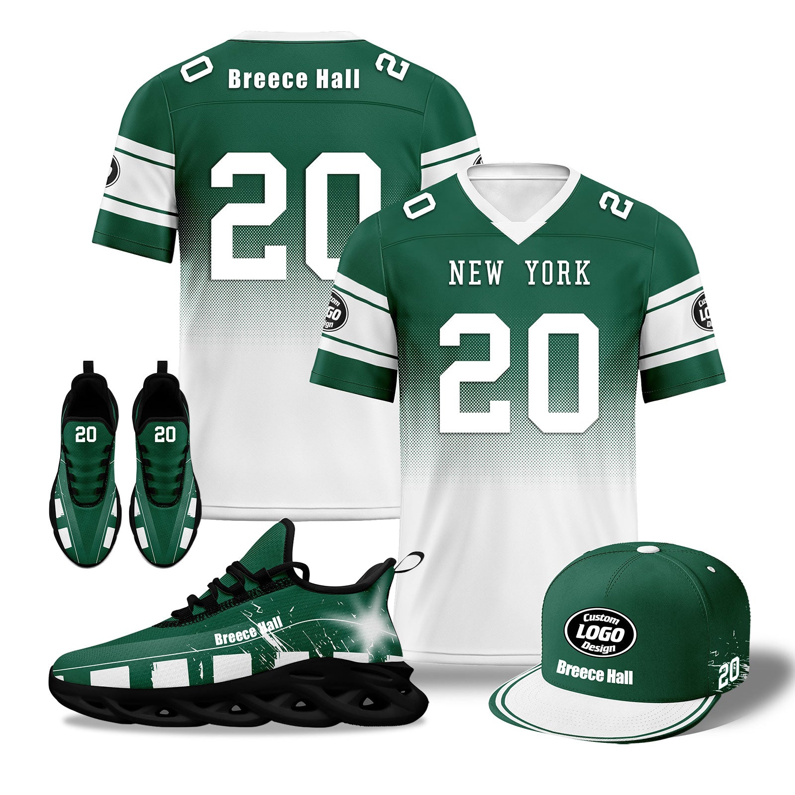 Custom Green & White New York Football MaxSoul Shoes and Hat Set - Personalized Sports Fan Combo Gift for Men (D020268) | Perfect for Game Day, Tailgating & Team Spirit Outfits