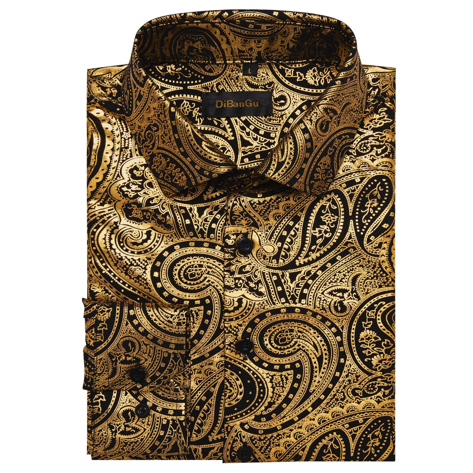 DiBanGu Men's Paisley Dress Shirt - Luxury Printed Long Sleeve Button Down Shirt, Regular Fit Shiny Formal Shirt for Wedding, Prom, Office & Special Occasions