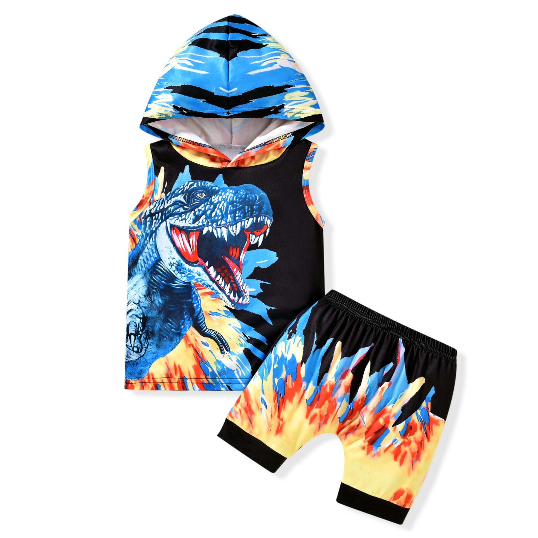 **HINTINA Toddler Boys Dinosaur Sleeveless Hoodie & Shorts Outfit Set - Summer Playwear for Boys, Outdoor Adventures & Casual Wear**