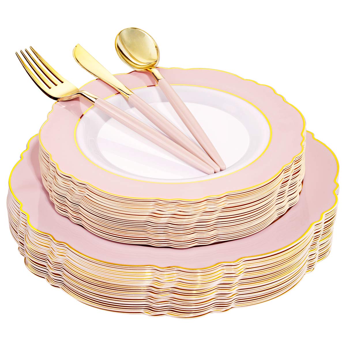 200-Pack Gold Plastic Cups, 30-Pack Pink Plastic Plates & Gold Plastic Cutlery with Pink Handles - Perfect for Birthday Parties, Weddings, and Outdoor Events