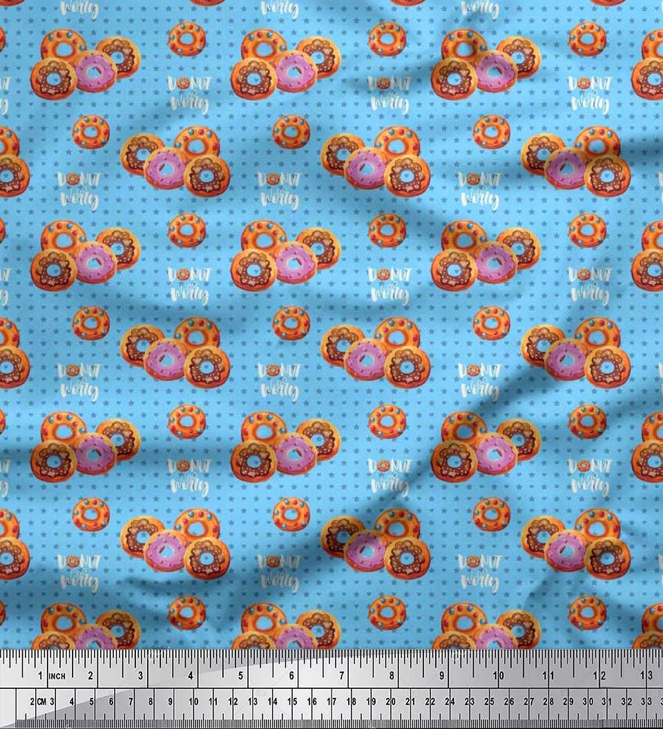Soimoi Blue Silk Fabric by The Yard - 42 Inch Wide - Star Heart Donut Print Food Pattern Material - Whimsical Romantic Design for DIY Crafts, Sewing Projects, Quilting, and Home Decor