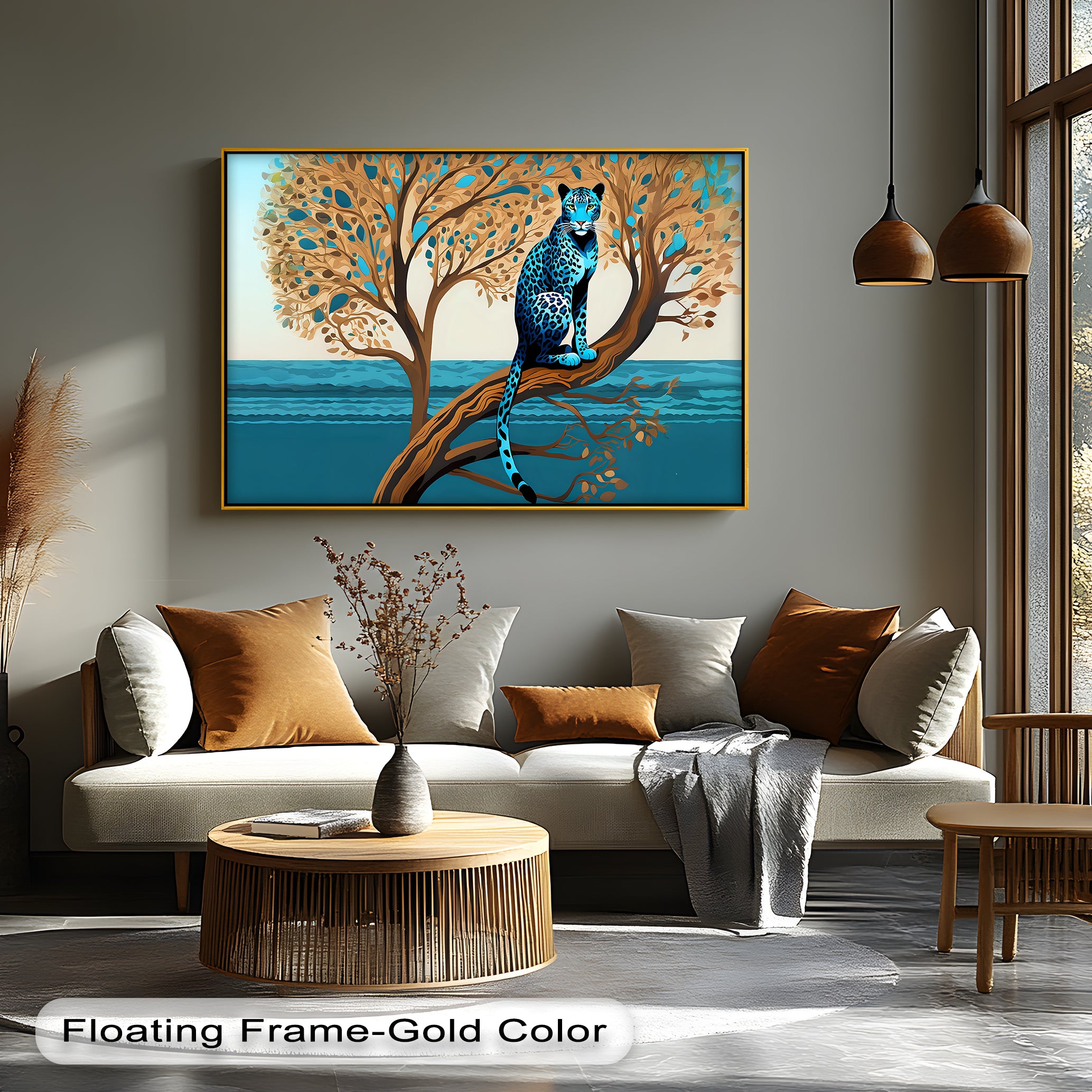 Blue Leopard in Tranquil Tree - Modern Jungle Animal Canvas Wall Art Print for Living Room, Bedroom & Office Decor