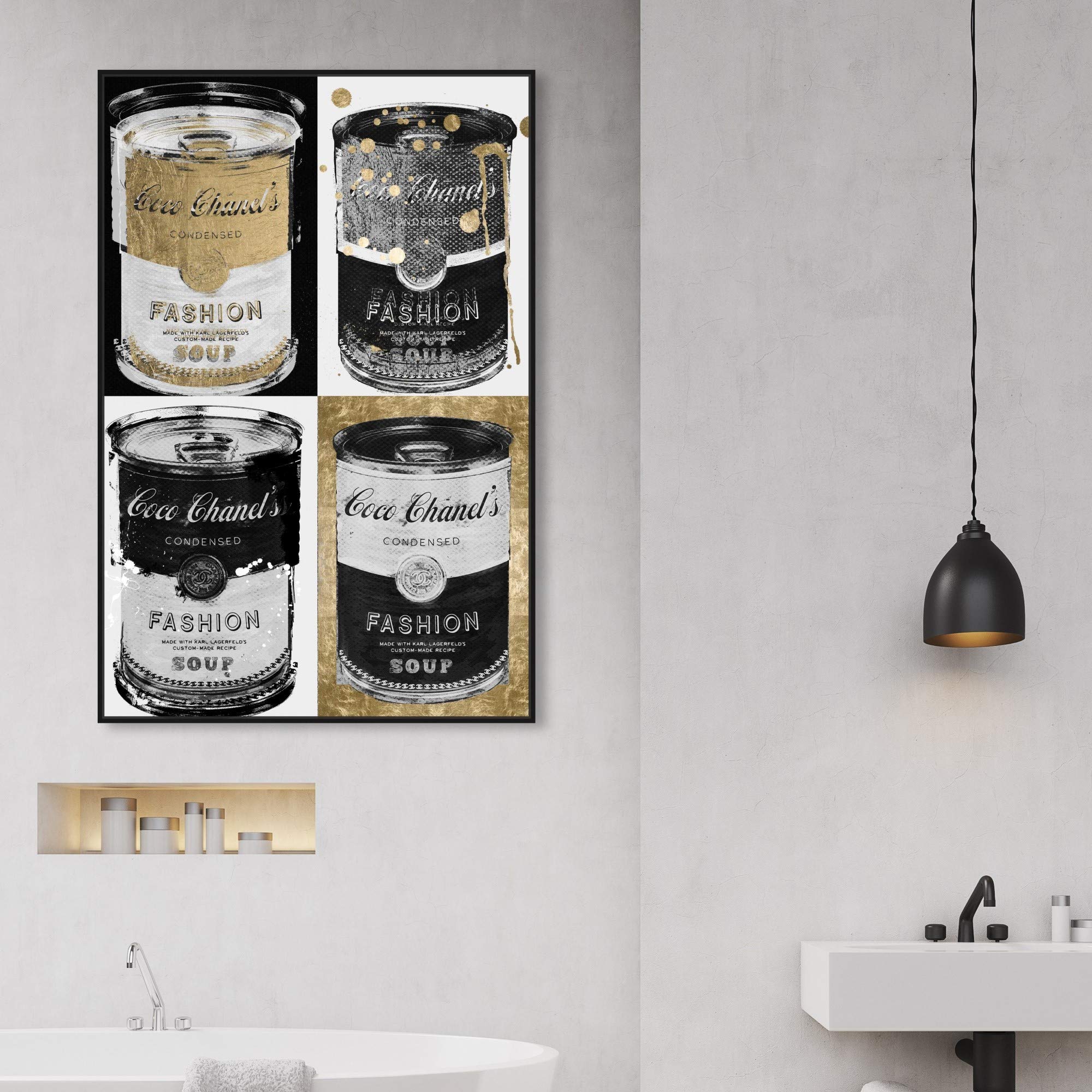 Oliver Gal Artist Co. Fashion & Glam Framed Wall Art Canvas Print - 'Fashion Soup' Pop Art Soup Can Painting - Perfect for Living Room, Bedroom & Office Decor