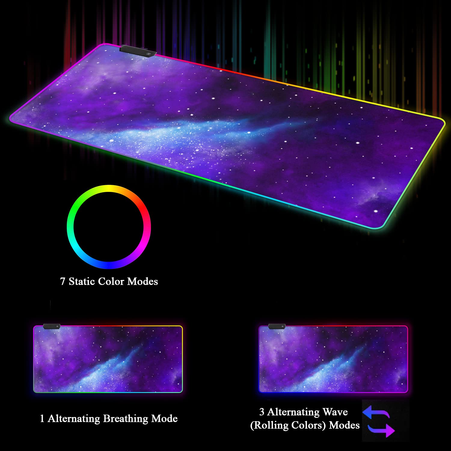 Meffort RGB Gaming Mouse Pad - XXL LED Mouse Mat with Custom Design, Stitched Edges (31.5 x 11.8 Inch, Galaxy Universe) for PC, Laptop & Gaming Setup | Perfect for Gamers & Office Work