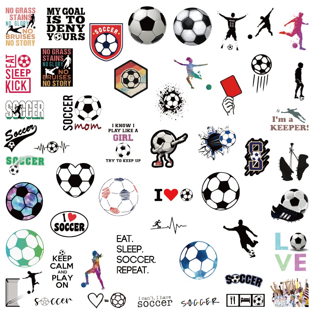 100 Pcs Waterproof Soccer Stickers - Vinyl Decals for Water Bottles, Laptops, Cars, Luggage, Cups & Phones | Durable Sports Decor for Kids, Teens & Fans | Perfect for School, Gym, Travel & Game Day