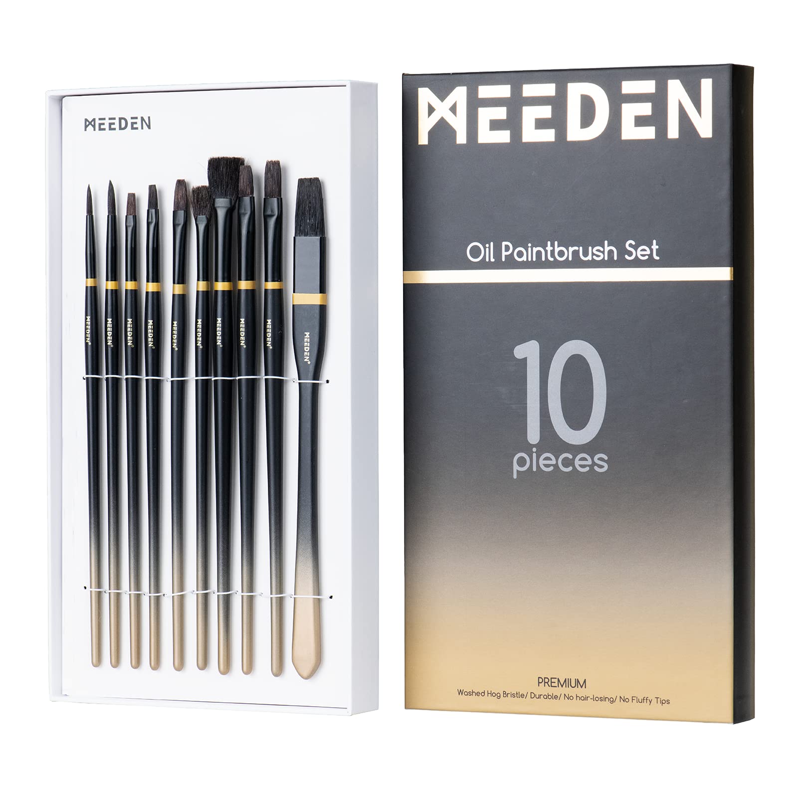MEEDEN 10-Piece Hog Bristle Oil Paint Brush Set - Professional Artist Paintbrushes for Acrylic & Oil Painting - Perfect for Canvas, Portrait & Landscape Artwork