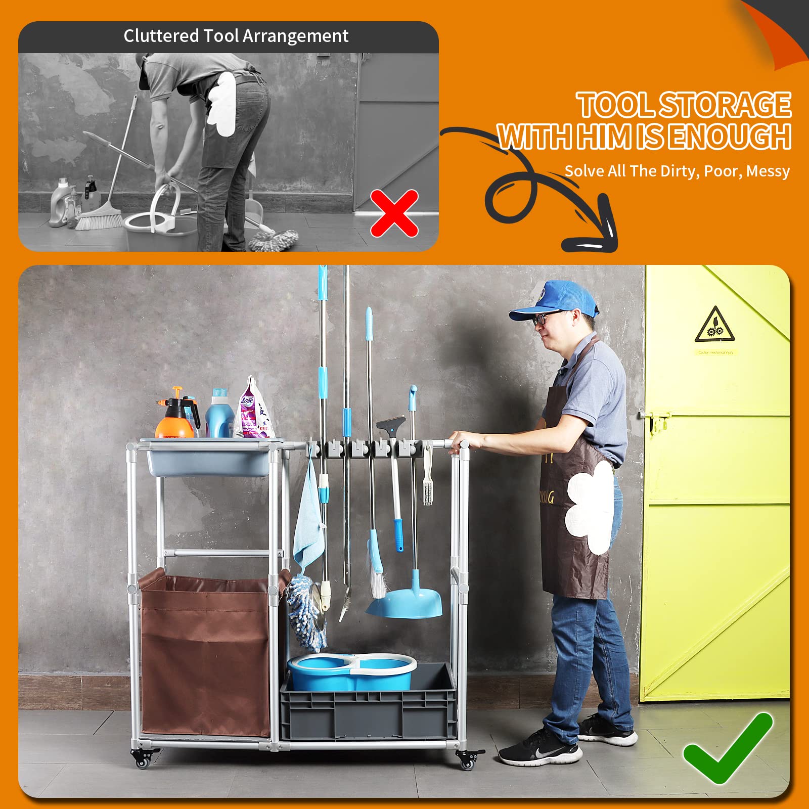 Rolling Cleaning Cart with Wheels - Janitorial & Housekeeping Supplies Organizer for Brooms & Mops