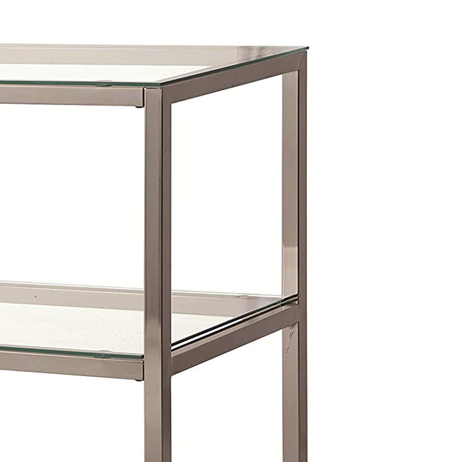 Benjara Modern Glass and Metal Sofa Table with 2 Open Shelves - Silver & Clear Finish - Perfect for Living Room, Entryway or Behind Couch Console Table