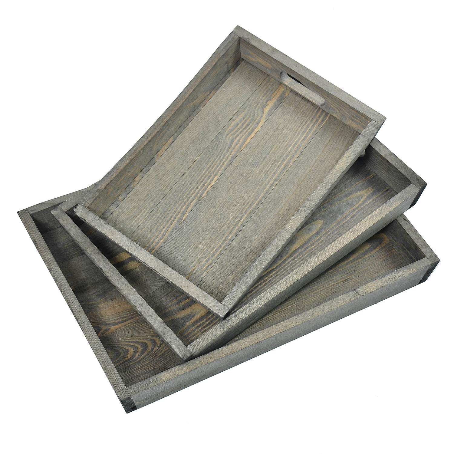 Vintage Rustic Wood Ottoman Serving Tray Set of 3 - Rectangular Nesting Breakfast Trays with Cutout Handles for Coffee Table, Bedroom, Living Room & Kitchen Decor (ReckGrey) | Perfect for Brunch, Tea Time and Home Organization