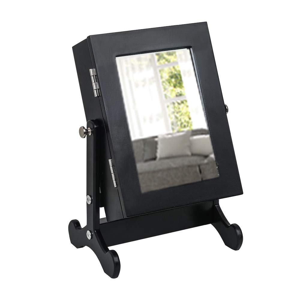 Kcelarec Black Tabletop Vanity Mirror with Storage - Small Countertop Makeup Mirror & Jewelry Organizer Cabinet for Earrings, Necklaces, Rings - Perfect for Bedroom, Bathroom, and Dressing Room Makeup Organization