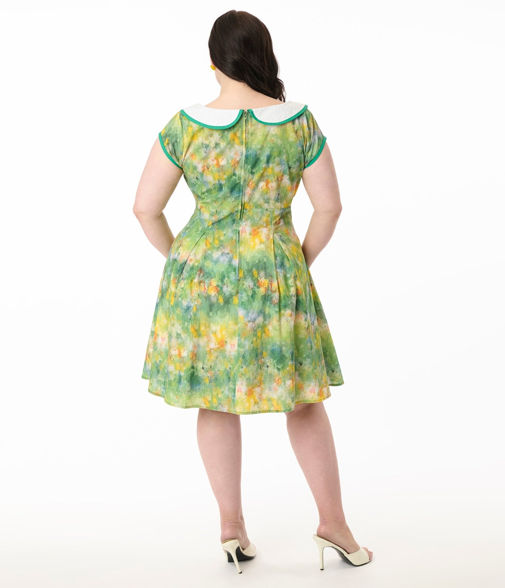 Smak Parlour Plus Size Green Painted Garden Fit & Flare Dress for Women | Floral Summer Dress for Outdoor Events, Weddings & Garden Parties