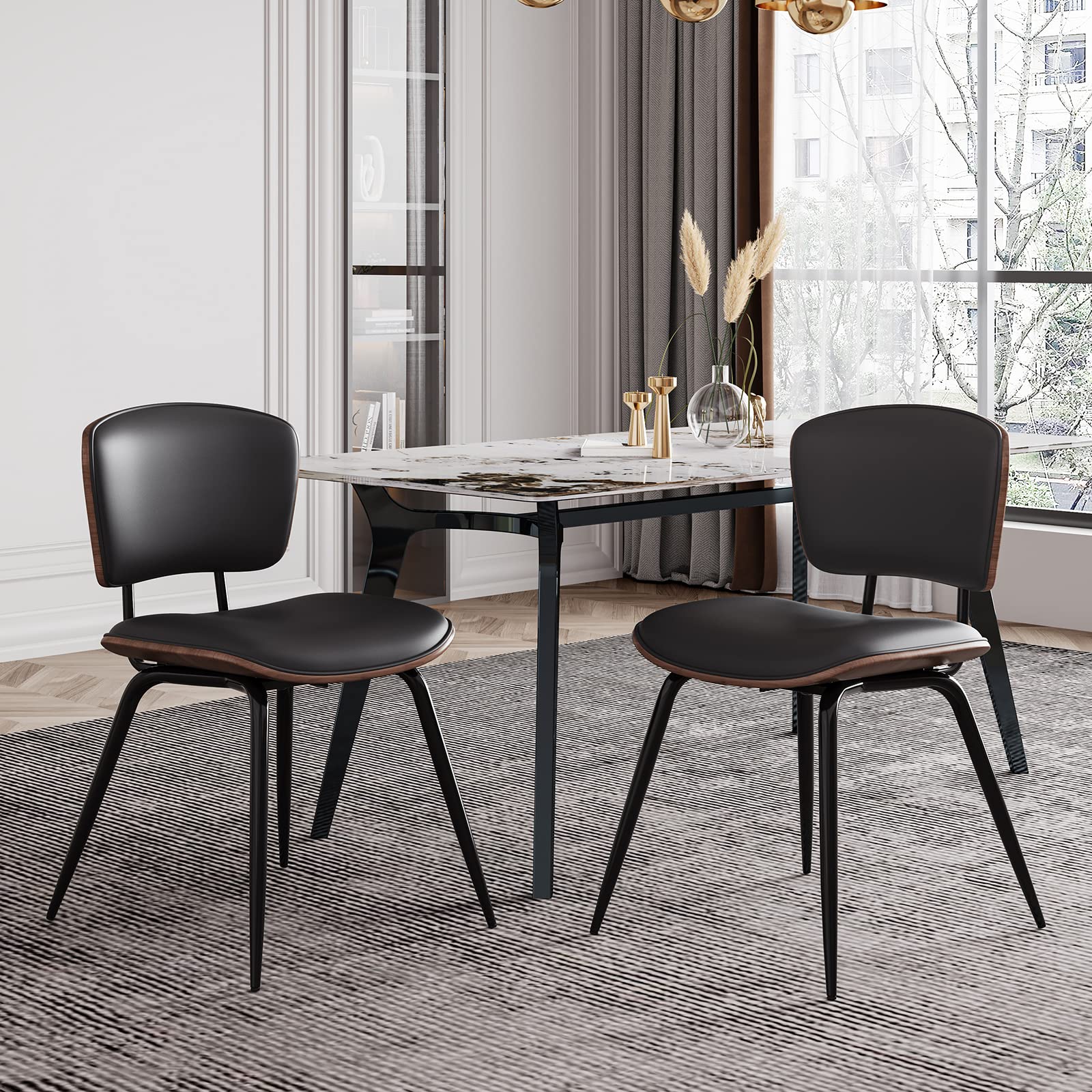 Stylish AQG Mid Century Modern Dining Chairs Set of 2 - Genuine Leather Upholstery with Bentwood Backrest & Sturdy Metal Legs - Perfect for Dining Room, Kitchen, Breakfast Nook & Home Decor
