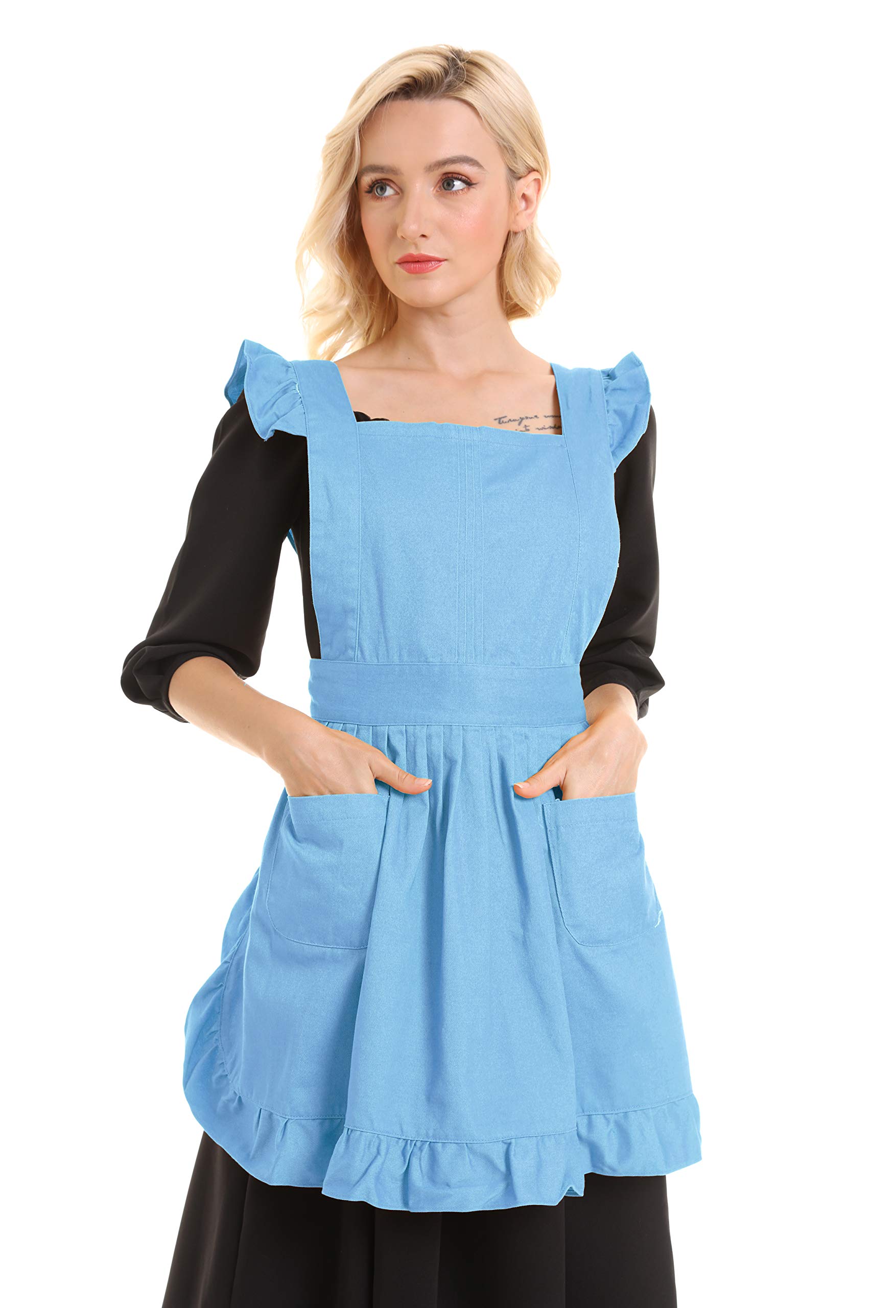 Vintage Adjustable Ruffle Apron for Cooking, Baking & Cleaning - Blue Retro Maid Costume - Perfect for Home Kitchen, BBQ, Housekeeping & Themed Parties