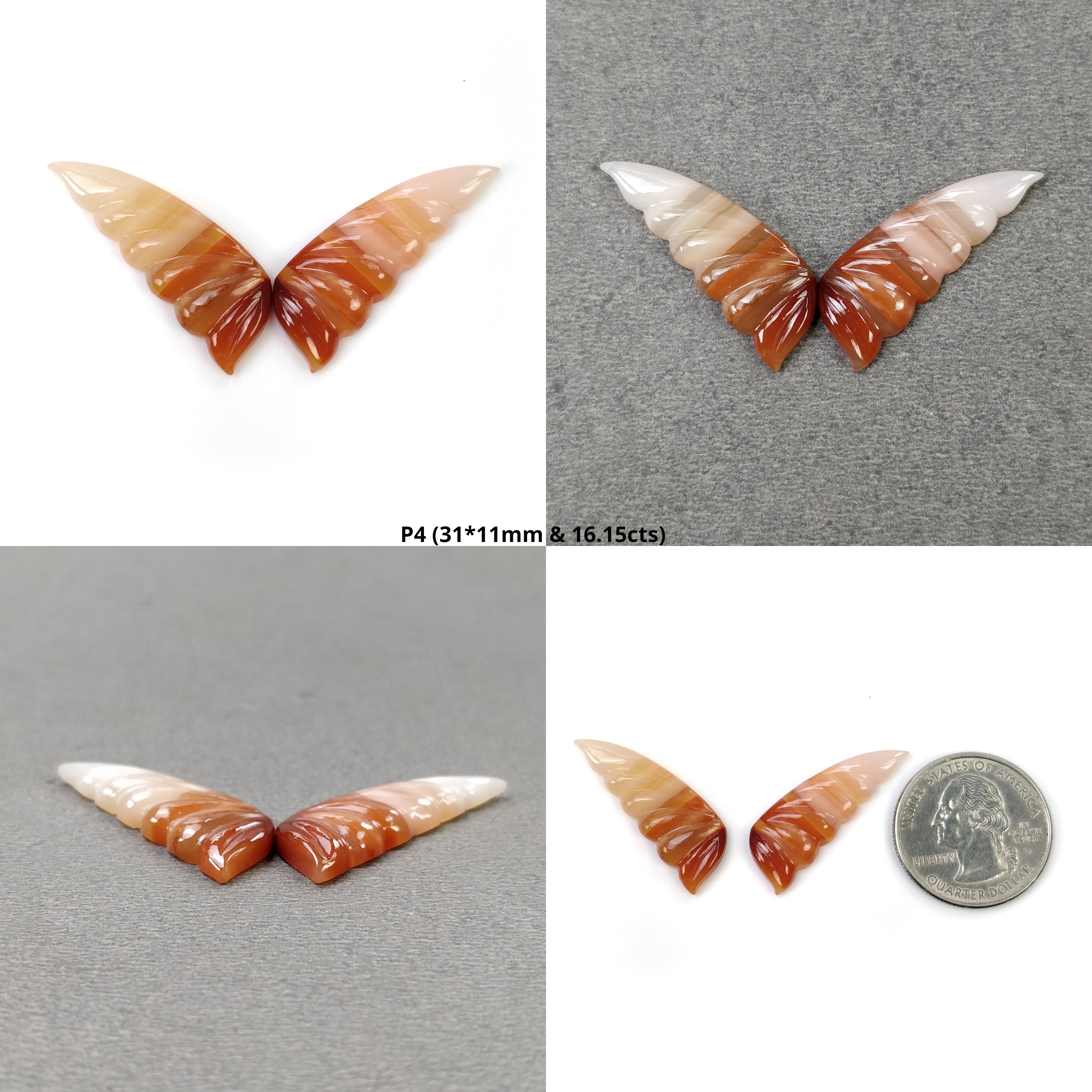Natural Untreated Botswana Striped Agate Gemstone Hand Carved Butterfly - Bi-Color Agate Jewelry (28x12mm & 33x13mm Pair) for Jewelry Making, Collection & Spiritual Healing