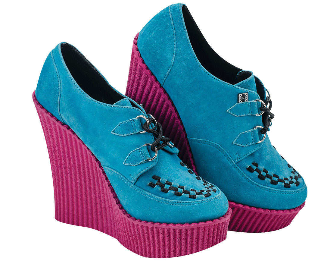 T.U.K Women's Turquoise Suede & Pink Creeper Wedge Platform Shoes | Vintage Punk Rock Style | Perfect for Concerts, Parties & Alternative Fashion Outfits